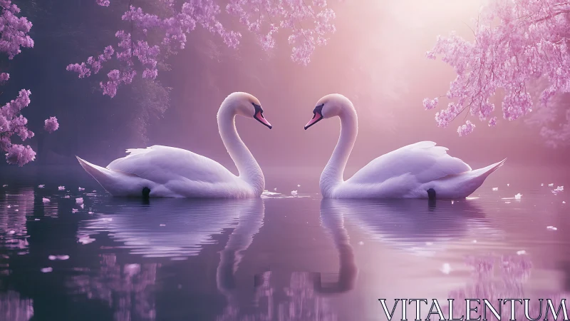 Two white swans form heart shape in pink florescent water.