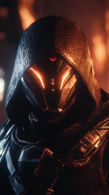 Hooded futuristic armored figure with glowing visor and light.