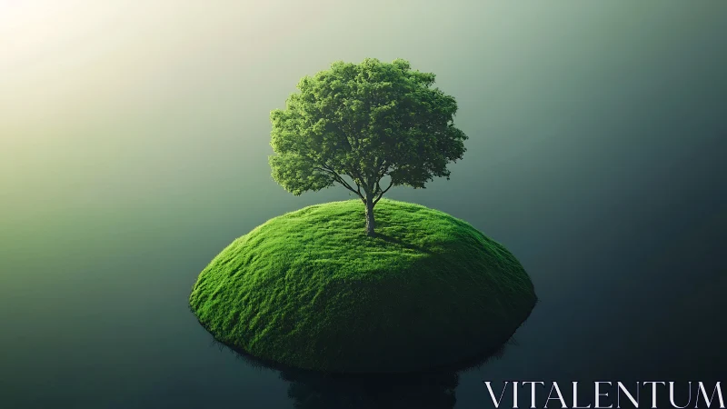 Solitary green tree on rounded grass island in misty void.