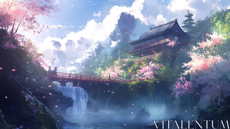 Cherry blossom temple and bridge overlook a misty waterfall