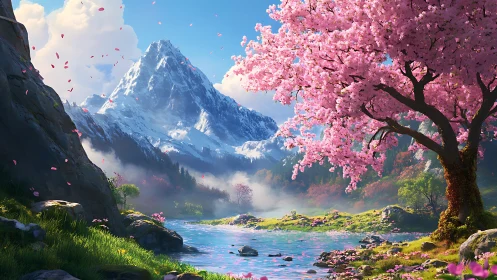 Snowy mountain and pink blossom tree by a calm river.