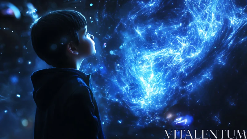 Boy watching luminous cosmic nebula in deep blue space.