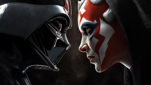 Darth Vader confronts warrior in dramatic chiaroscuro lighting and volumetric atmosphere