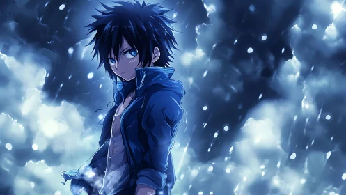 Storm-lit anime hero standing strong in glowing rainstorm.