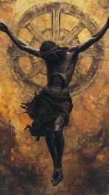 Crucified male figure before circular architectural form.