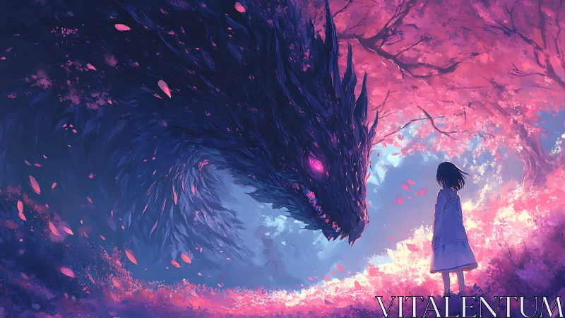 Girl facing large dark dragon under luminous pink trees.