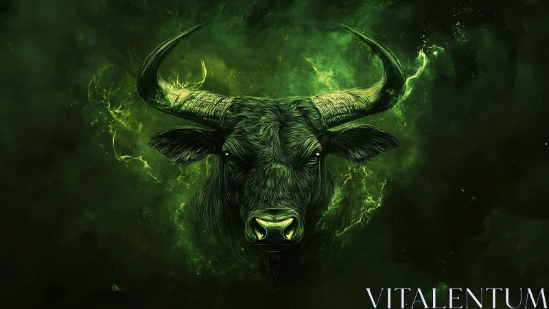 Green-toned stylized bull head on dark abstract background.