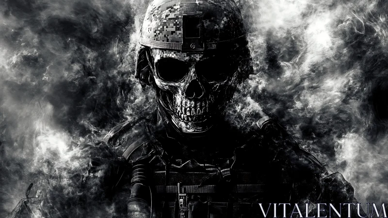 Digital skull-faced soldier in dense monochrome smoke field.