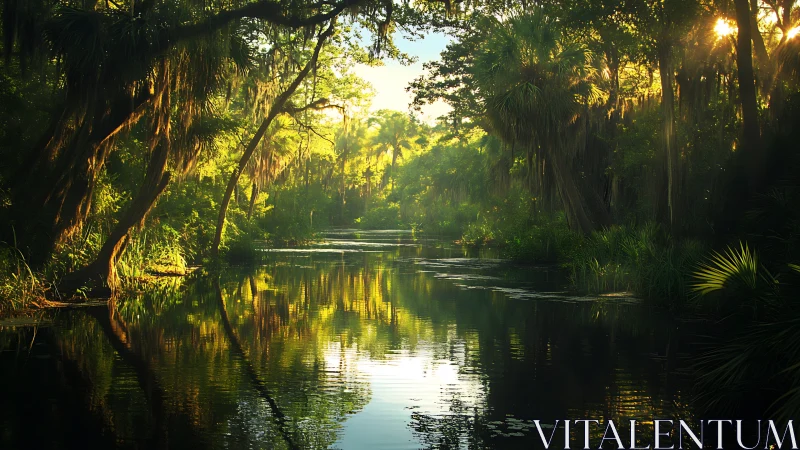 Golden morning light gently blesses a tranquil jungle river