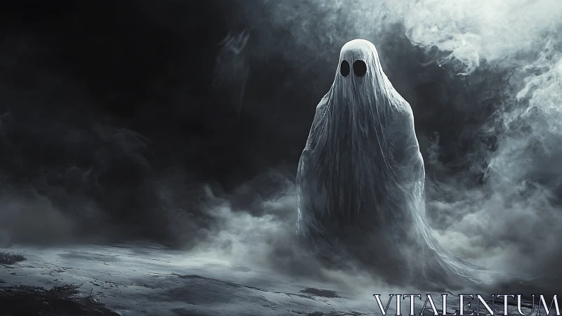 Ghostly shrouded figure emerges from swirling midnight fog.