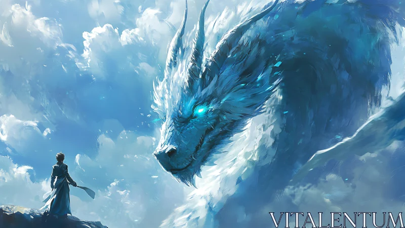 Solitary figure confronting ethereal sky dragon spirit.