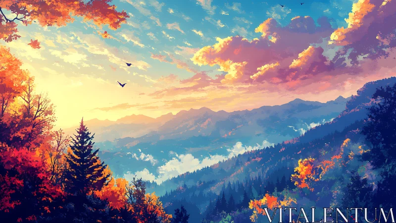 Digital autumn mountain valley under vivid sunrise sky