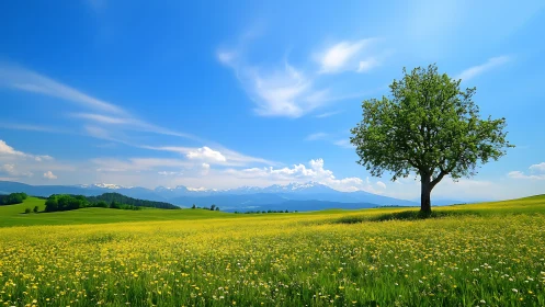 Solitary tree in wide meadow under clear blue sky.