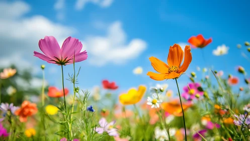 Cosmos and Orange Wildflowers Against Clear Blue Sky with White Clouds