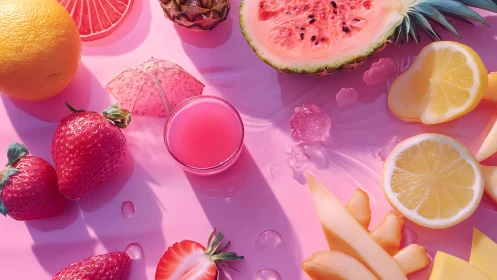 Sunlit summer fruits glow over glossy pink background