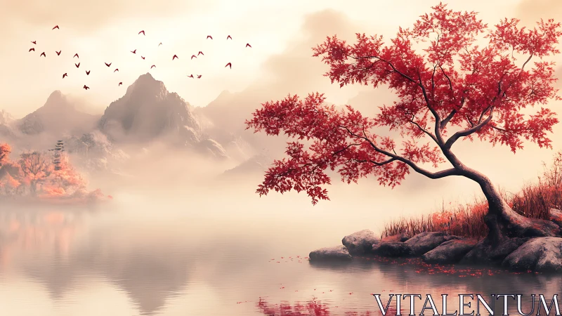 Red maple tree beside misty lake with distant mountains.