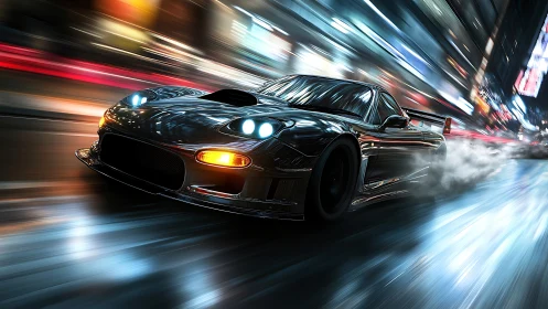 Aerodynamic street racer in high-speed nocturnal motion blur.