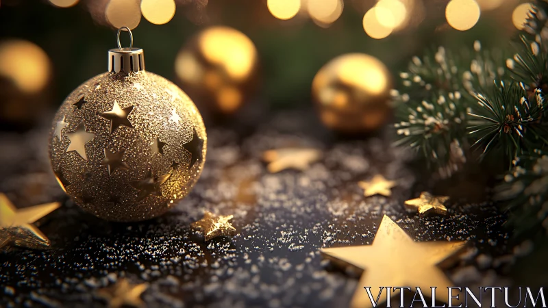 Golden holiday bauble glows softly among twinkling stars