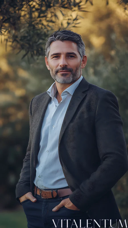 Confident middle aged man stands outdoors in warm evening light