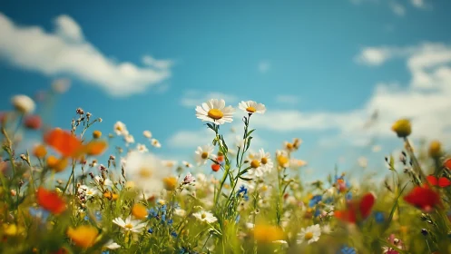 Wildflower meadow with white daisies centered in sunlit field.