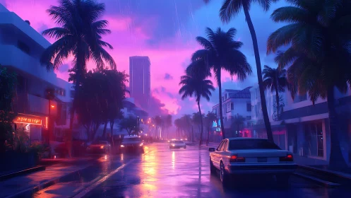 Neon lit palm lined street shows cars in rainy twilight