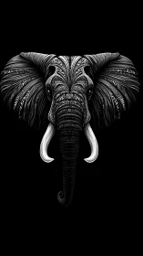 Elephant head illustration displays symmetrical ornamental detailing