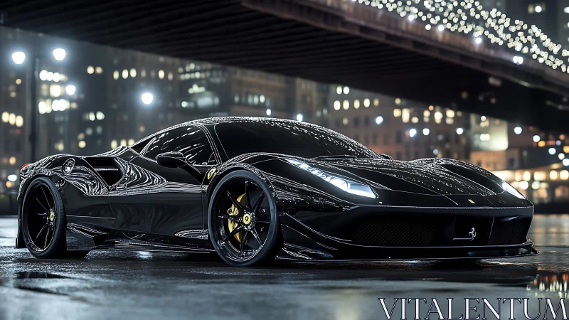 Midnight black supercar under city bridge lights gleaming.