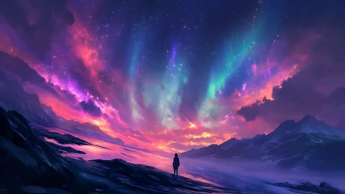 Solitary figure watches aurora ignite a vivid cosmic shoreline