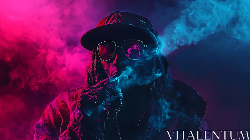 Silhouetted person stands in neon smoke with dual color lighting