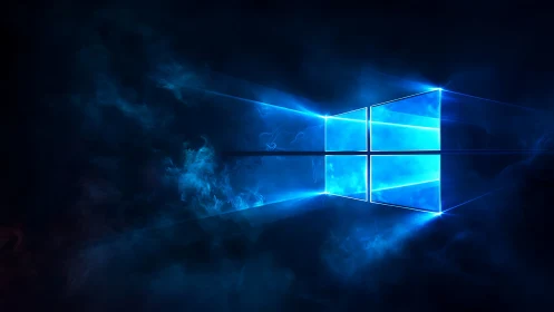 Glowing rectangular window logo emits blue light in darkness