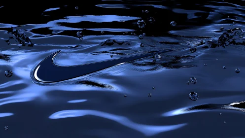 Metallic swoosh form is rendered within reflective fluid