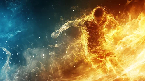 Fiery soccer player charges ahead through swirling energy