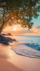 Sunlit shoreline with gentle waves and a softly glowing sky.