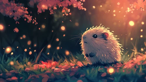 Fluffy forest creature under glowing spring fireflies.
