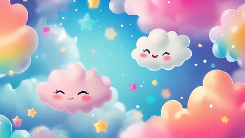 Smiling pastel clouds trade secrets with twinkling candy stars