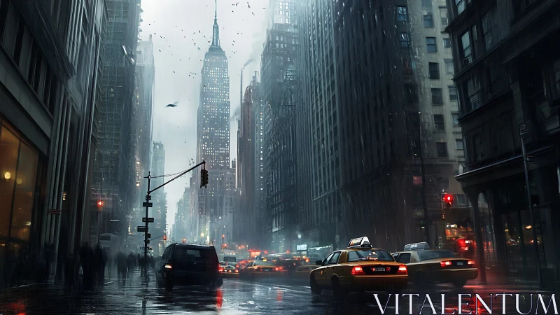 Rain-soaked Midtown avenue with cinematic yellow taxi flow.