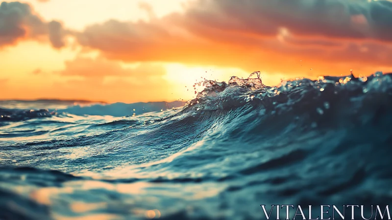 Sunlit ocean wave crests under vivid burning sunset sky.