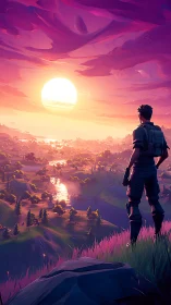 Digital painting sunset vista with lone adventurer silhouette.