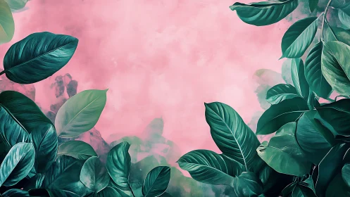 Emerald tropical leaves surround a soft rose watercolor sky