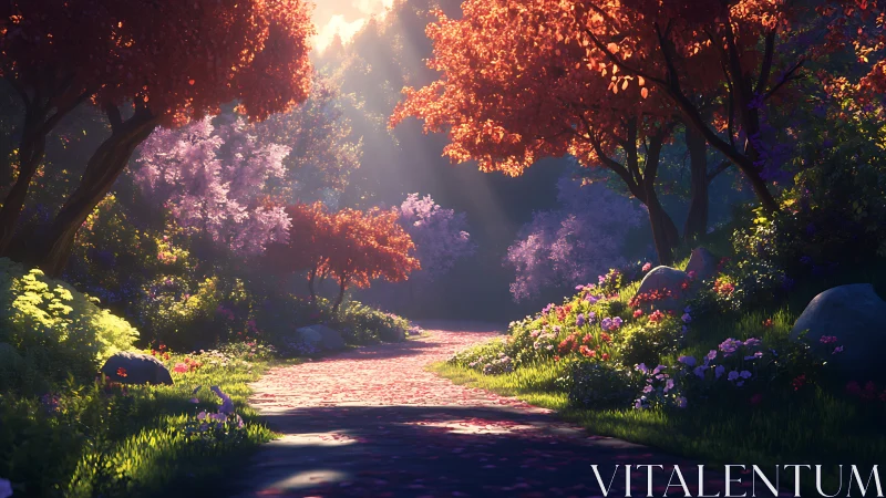 Gentle forest path glows under soft morning blossom light
