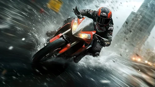 Motorcycle rider cornering on wet urban street surface.