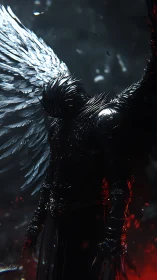 Shadow-winged seraph leans into embers between light and void