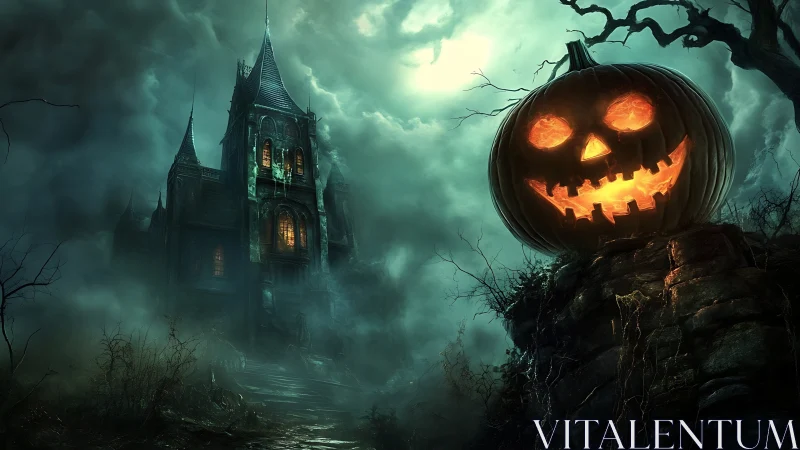 Giant jack-o’-lantern looms over misty haunted mansion at night.