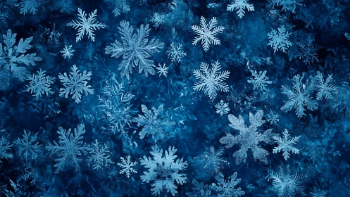 Intricate ice snowflakes shimmer across a deep blue field.