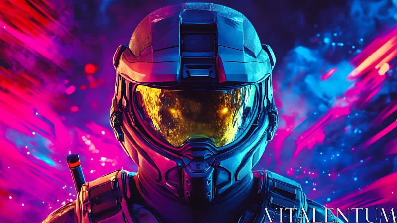 Futuristic armored soldier portrait with neon abstract background.
