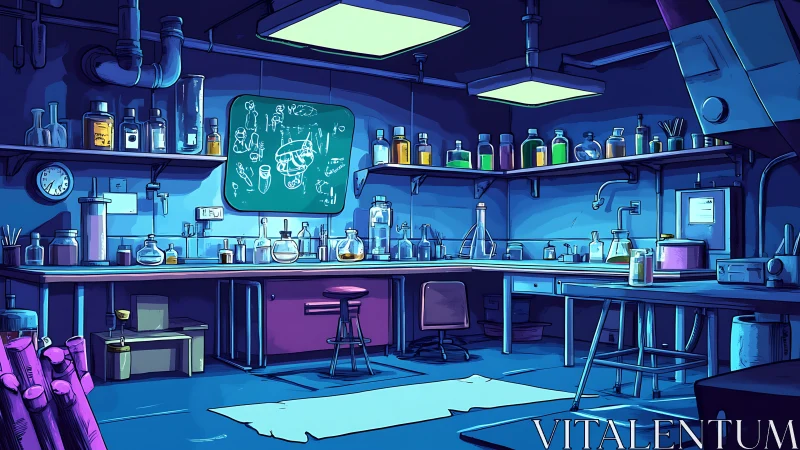 Cozy midnight laboratory filled with glowing curious bottles.