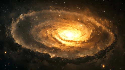 Golden spiral galaxy blazing like a cosmic hearthfire.