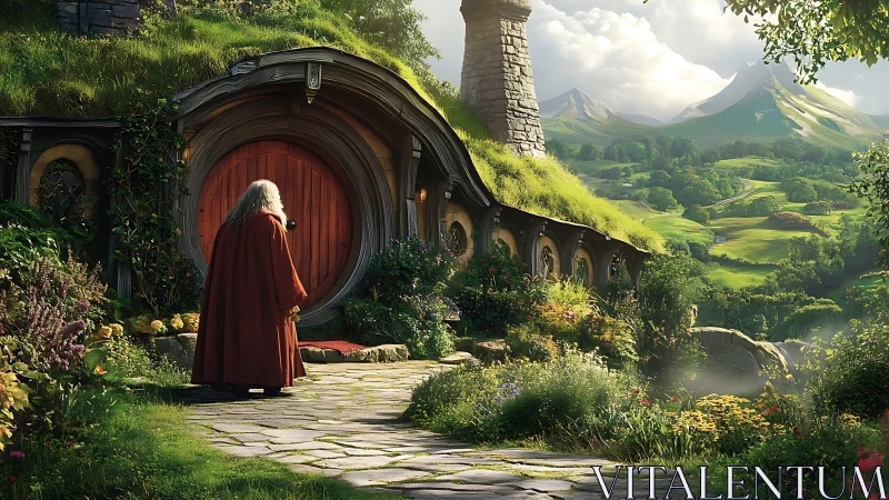 Gentle wizard arriving at a cozy hillside hobbit doorway.