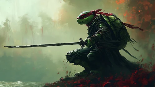 Brooding turtle swordsman poised in mist and embers.