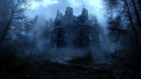 Gothic mansion in nocturnal fog, moody digital painting composition.